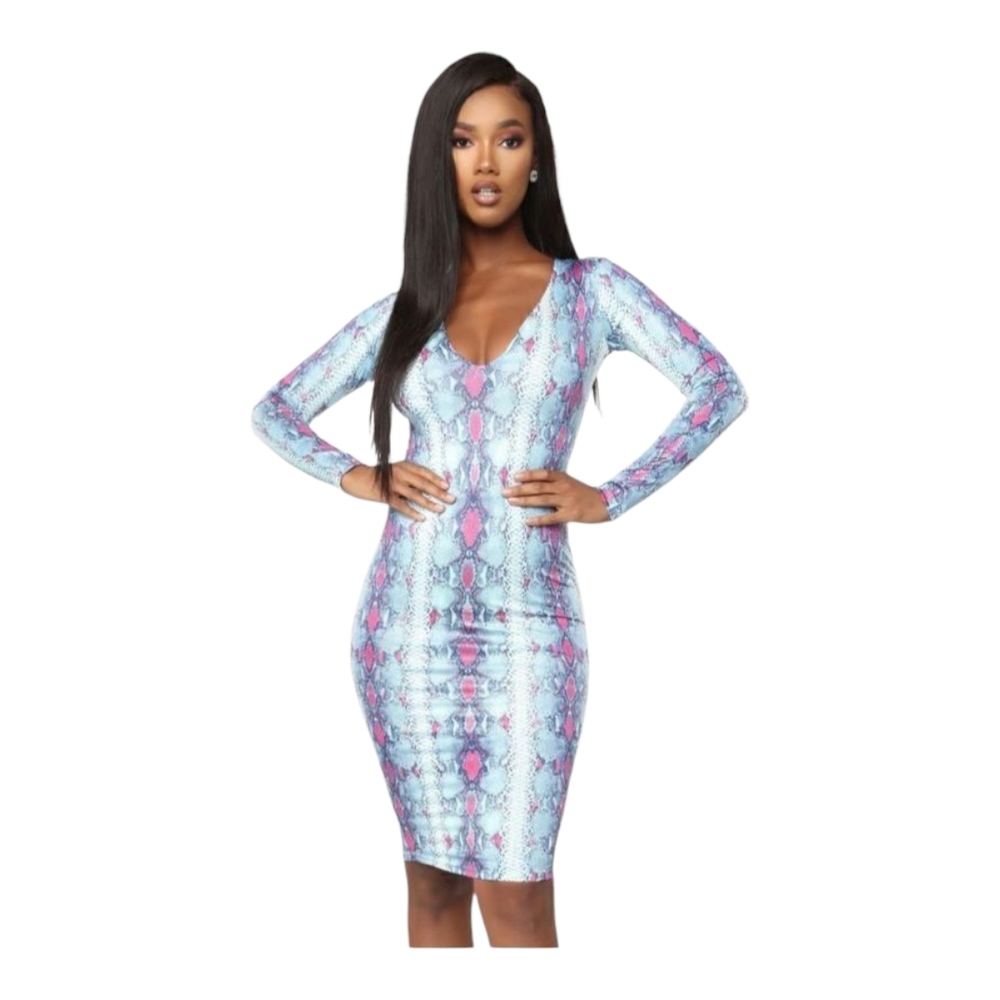 Elegant Blue and Pink Snake Print Dress